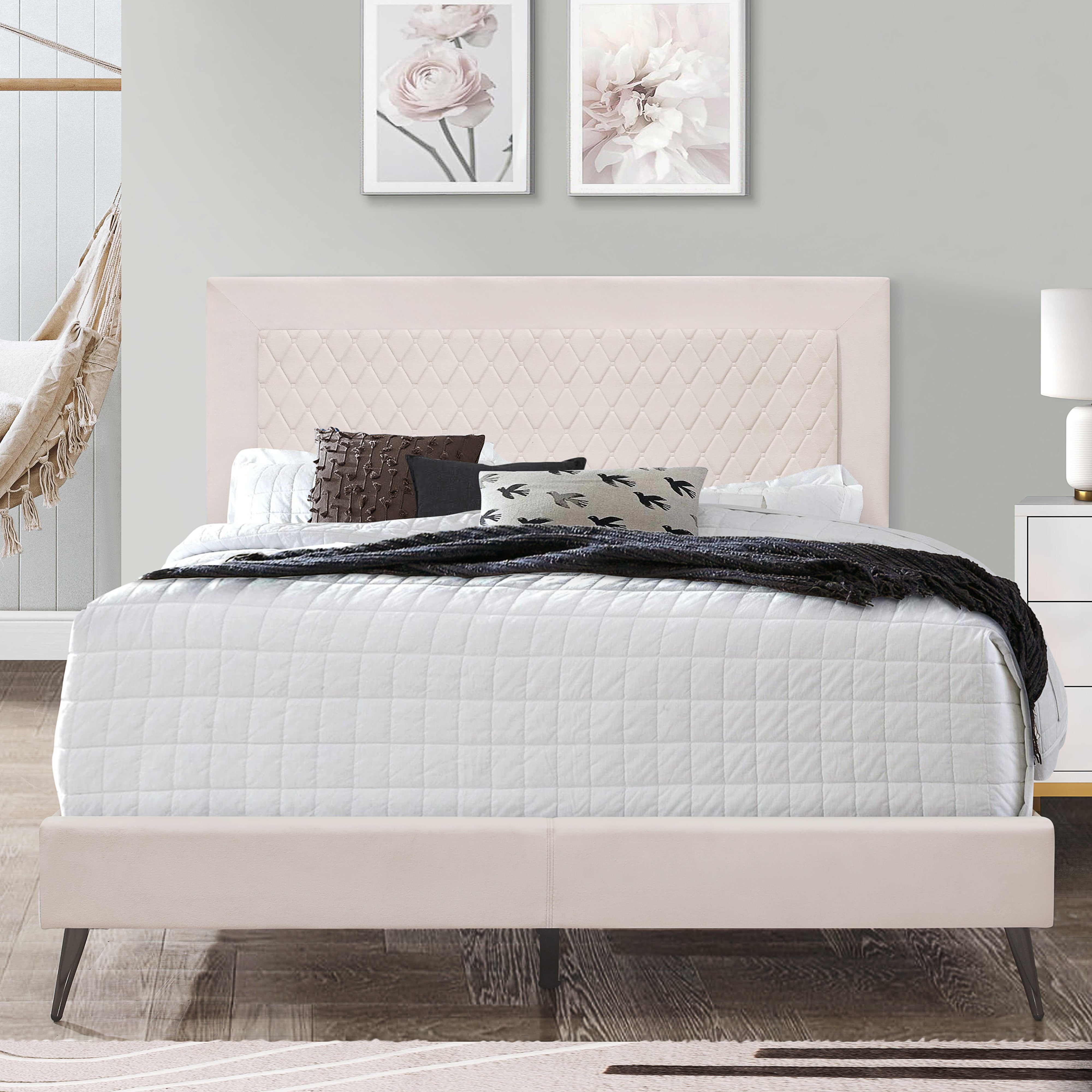 Home Design Lattice King Upholstered Panel Bed Frame, Velvet Upholstery, Foam-Padded Headboard, Light Gray, Easy Assembly