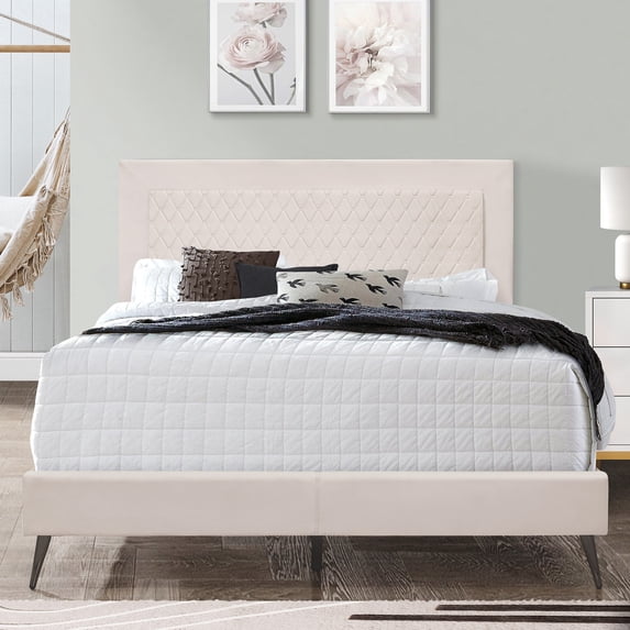 Home Design Lattice Twin Upholstered Panel Bed Frame, Velvet Upholstery, Foam-Padded Headboard, Light Gray, Easy Assembly