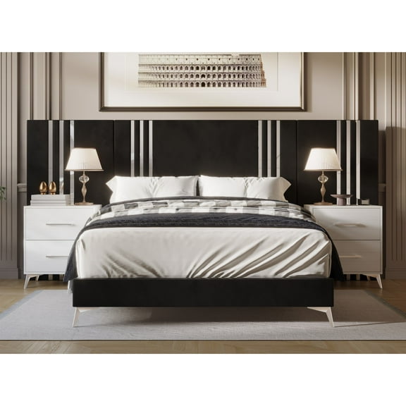 Home Design Laytec King Velvet Upholstered Platform Bed Frame with Rectangular Headboard and Wall Panels, Black, Easy Assembly