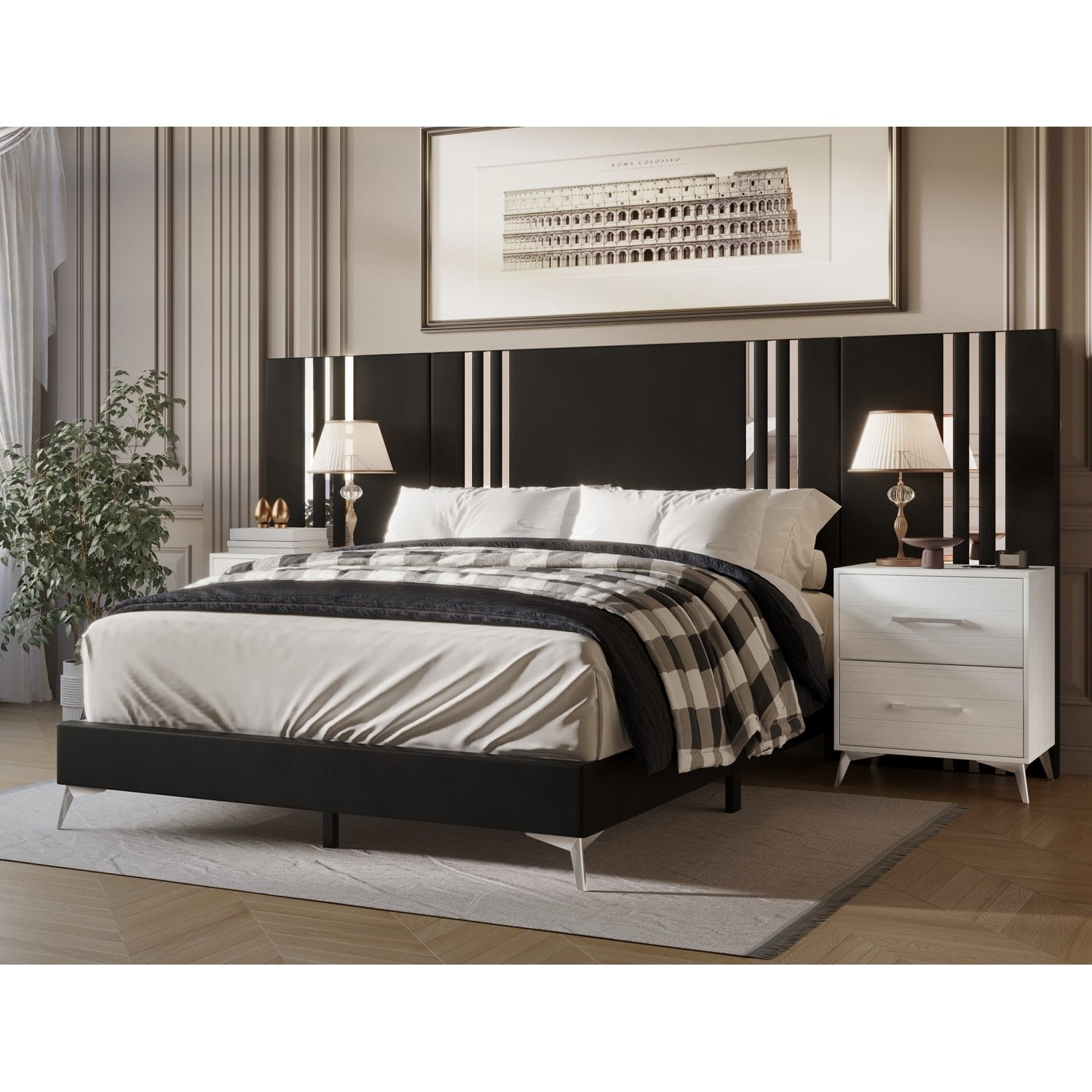Black Velvet Upholstered Queen Bed with Wood Frame