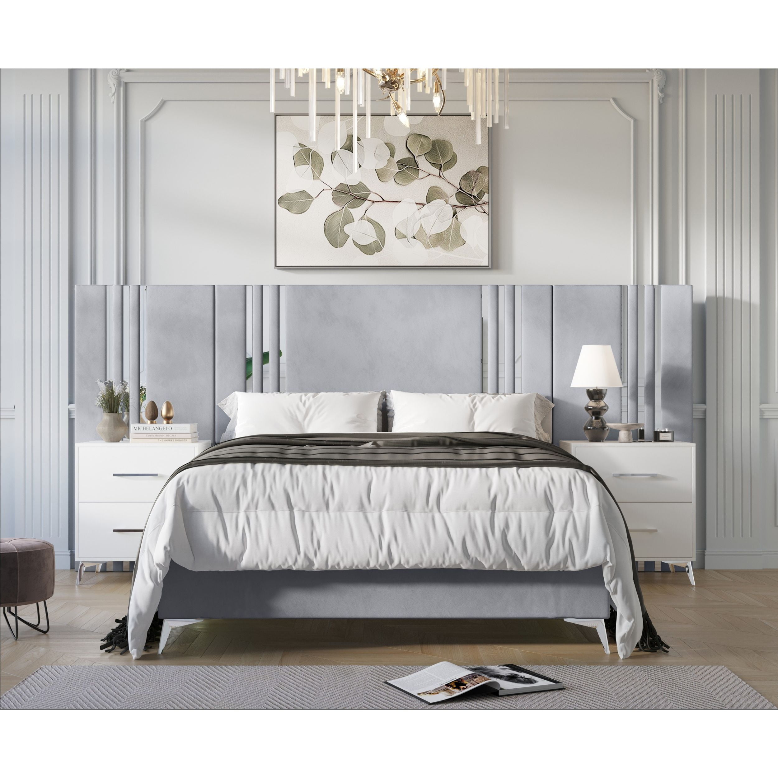 Home Design Laytec King Velvet Upholstered Platform Bed Frame with Rectangular Headboard and Wall Panels, Silver Gray, Easy Assembly