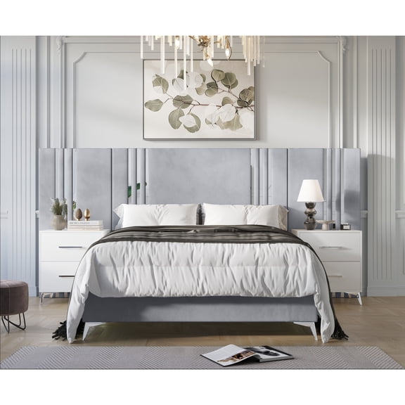Home Design Laytec King Velvet Upholstered Platform Bed Frame with Rectangular Headboard and Wall Panels, Silver Gray, Easy Assembly