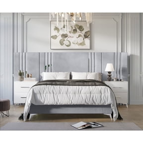 Home Design Laytec Queen Velvet Upholstered Platform Bed Frame with Rectangular Headboard and Wall Panels, Silver Gray, Easy Assembly