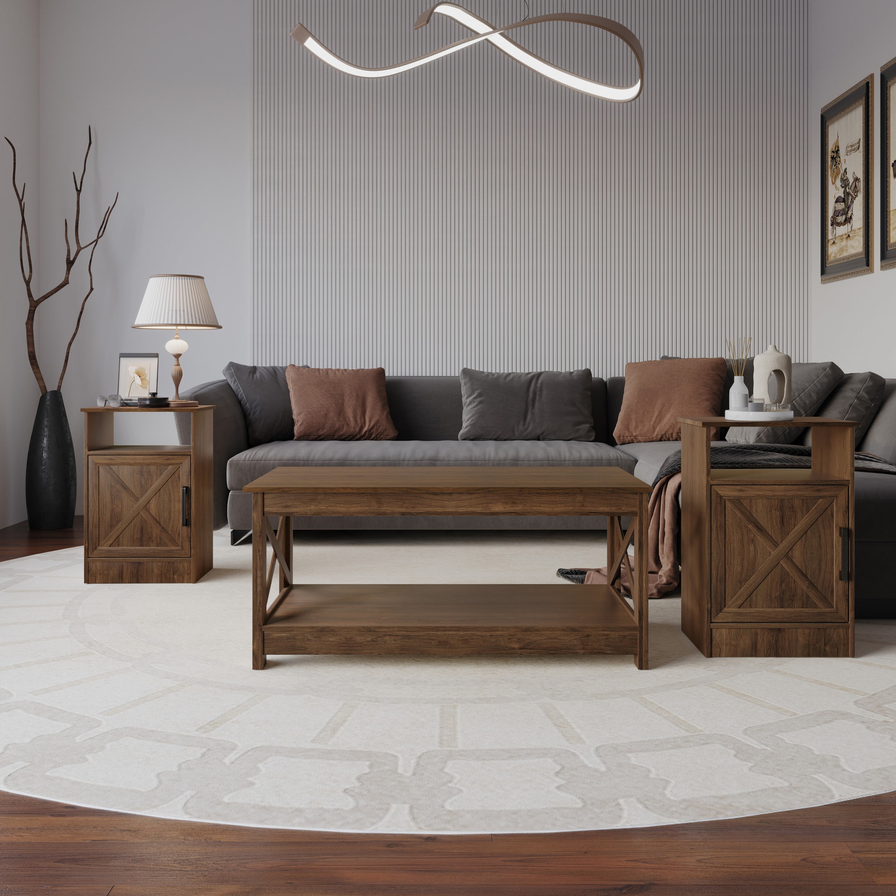 Home Design Lebanon 3 Piece Coffee Table Set - Includes coffee table and 2 end tables, With Soft-Close Doors, Brown, Easy Assembly