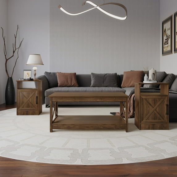 Home Design Lebanon 3 Piece Coffee Table Set - Includes coffee table and 2 end tables, With Soft-Close Doors, Brown, Easy Assembly