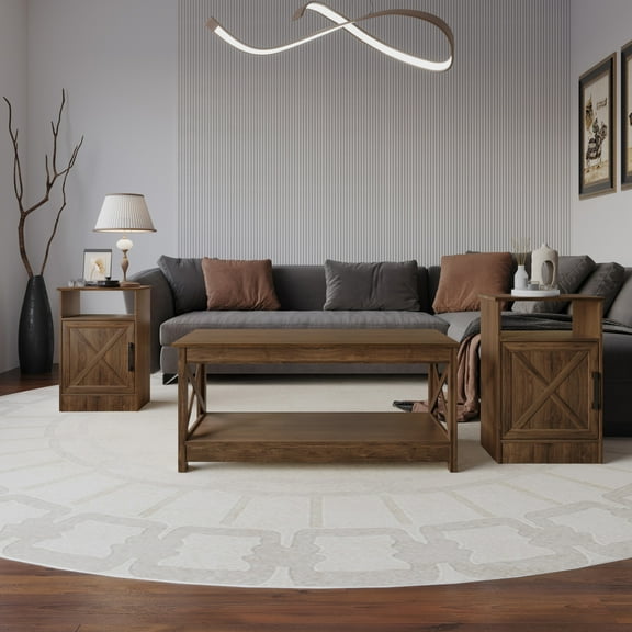 Home Design Lebanon 3 Piece Coffee Table Set - Includes coffee table and 2 end tables, With Soft-Close Doors, Brown, Easy Assembly
