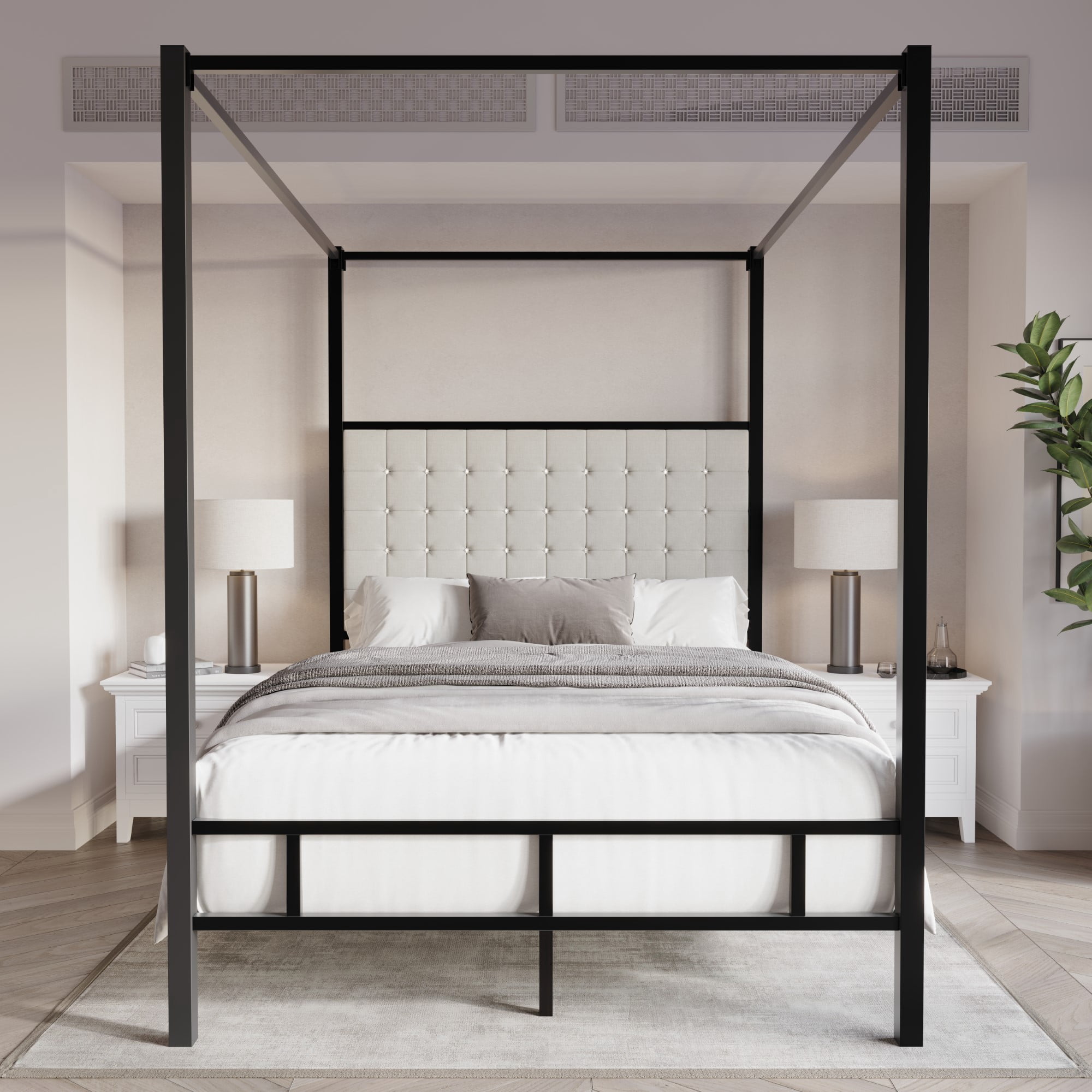 Home Design Ledbury Queen Panel Bed Frame with Sturdy Metal Canopy and Foam-Filled Headboard, Black, Easy Assembly