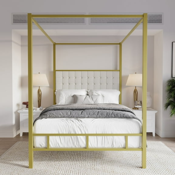 Home Design Ledbury Queen Panel Bed Frame with Sturdy Metal Canopy and Foam-Filled Headboard, Gold, Easy Assembly