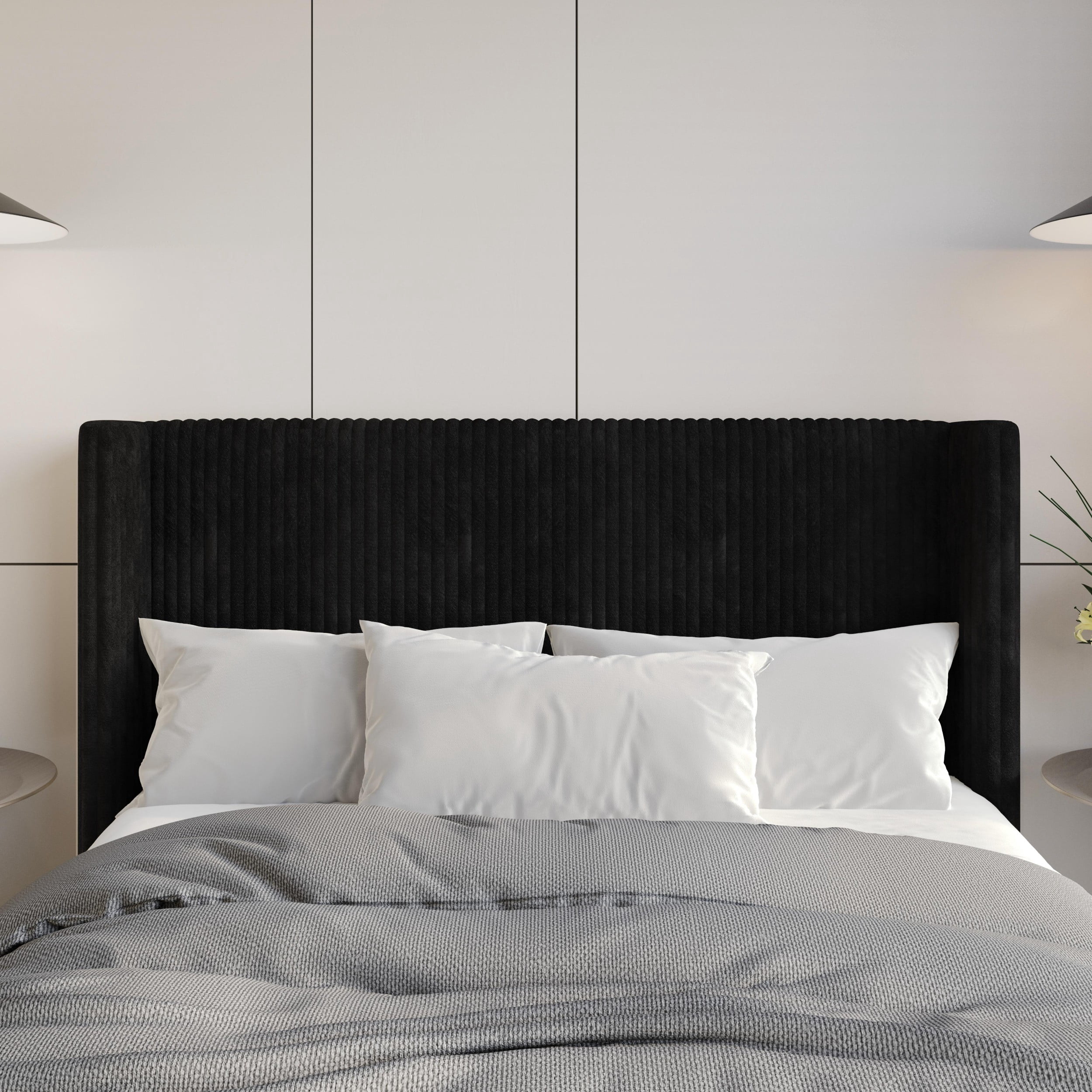 Home Design Lenox Twin Upholstered Wingback Headboard, Soft Corduroy, Black, Easy to Assemble