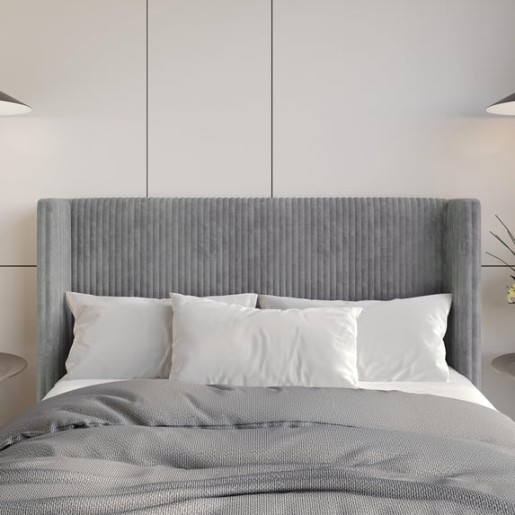 Home Design Lenox Twin Upholstered Wingback Headboard, Soft Corduroy, Gray, Easy to Assemble