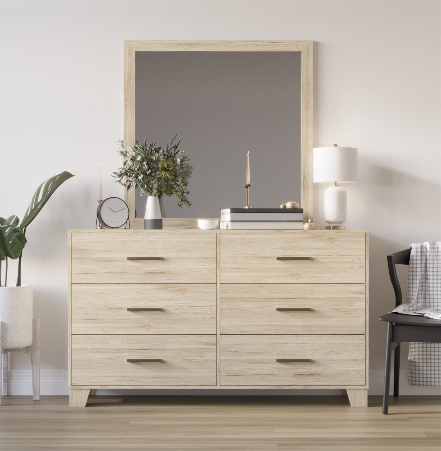 Home Design Lewes 6-Drawer Double Dresser, Light Oak, Easy Assembly