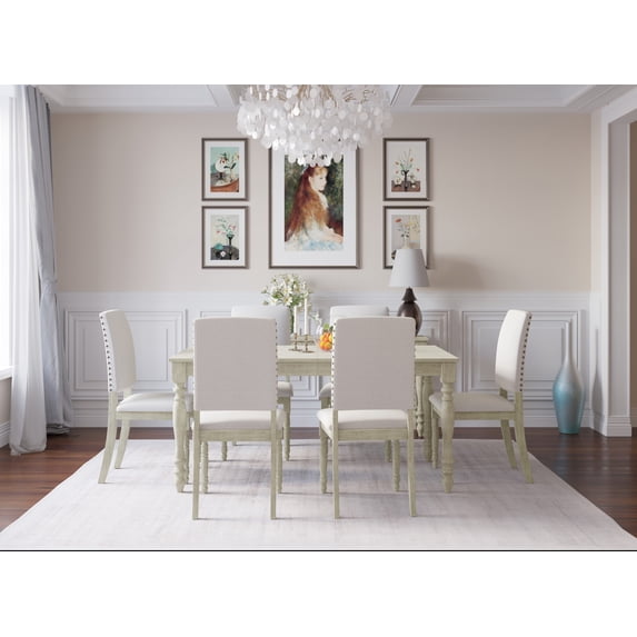 Home Design Lily 7-Piece Dining Set, Antique Gray Rectangular Table with Turned Legs, 6 Warm Gray Upholstered Chairs, Stylish and Durable