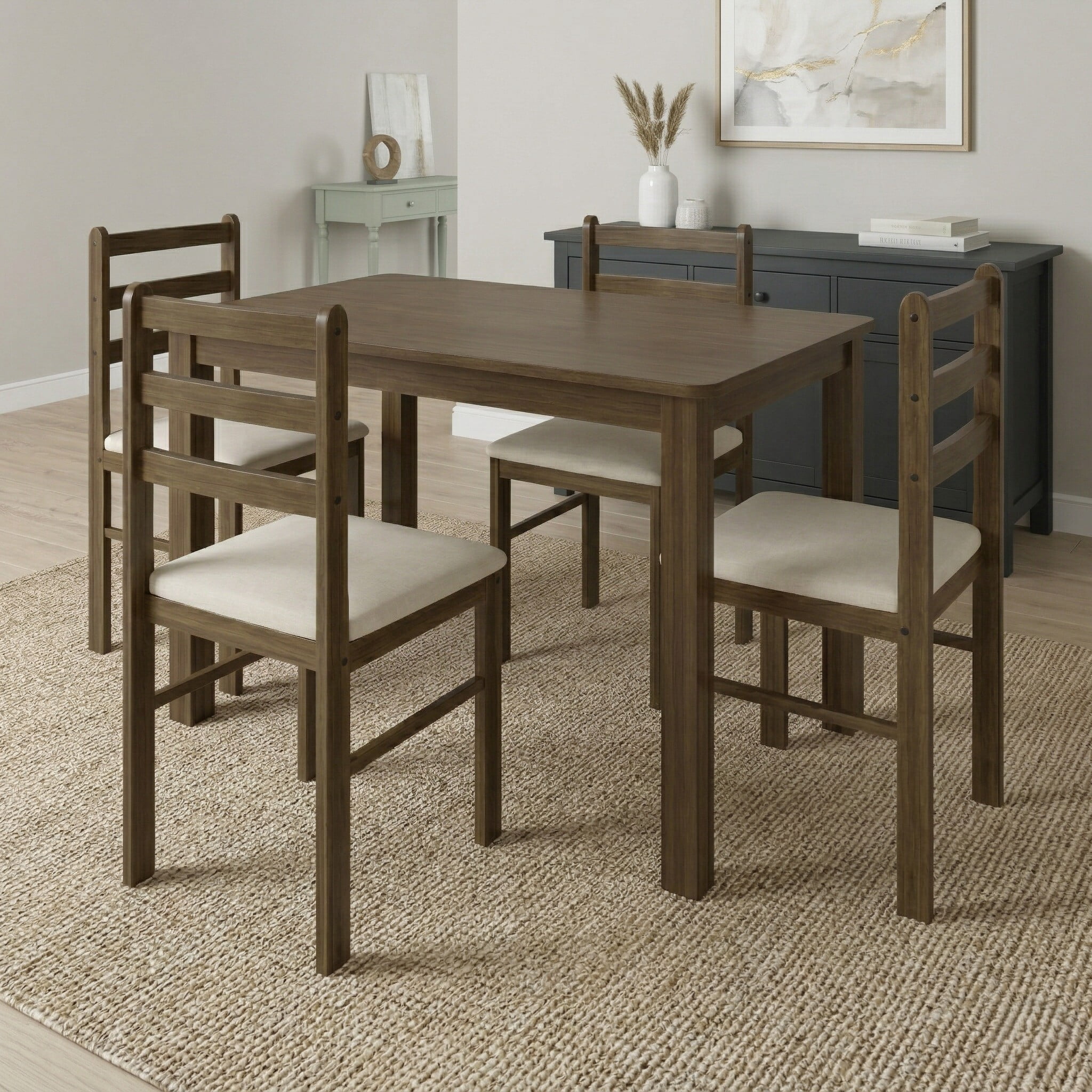 Home Design Lompoc 5-Piece Dining Table Set, Modern Rectangular Table with 4 Warm Gray Linen Upholstered Chairs, Easy Assembly