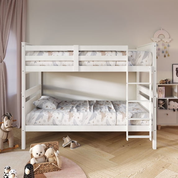 Home Design Lorain Twin Over Twin Solid Wood Bunk Bed with Sturdy Guardrails and Ladder, White, Easy Assembly