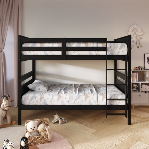 Home Design Lorain Twin over Twin Solid Wood Bunk Bed with Sturdy Guardrails and Ladder, Black, Easy Assembly