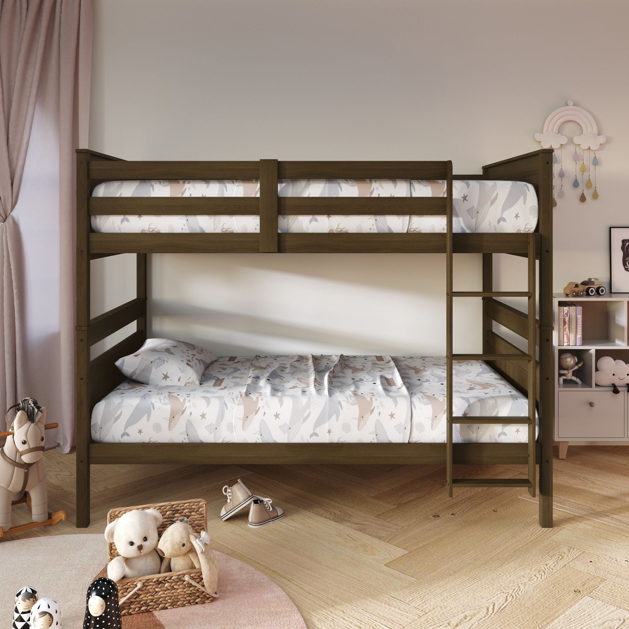 Home Design Lorain Twin Over Twin Solid Wood Bunk Bed with Sturdy Guardrails and Ladder, Brown, Easy Assembly