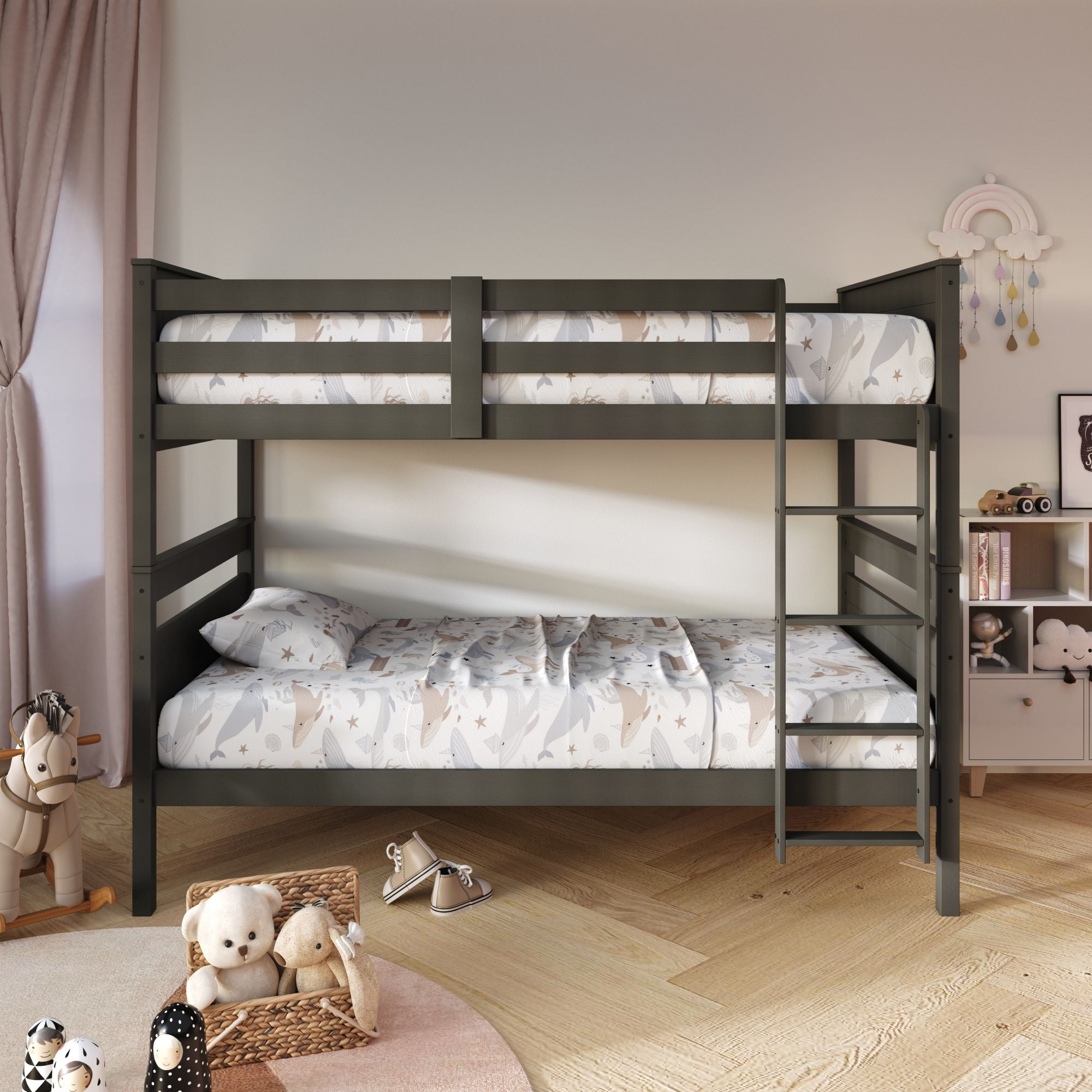 Home Design Lorain Twin Over Twin Solid Wood Bunk Bed with Sturdy Guardrails and Ladder, Dark Gray, Easy Assembly