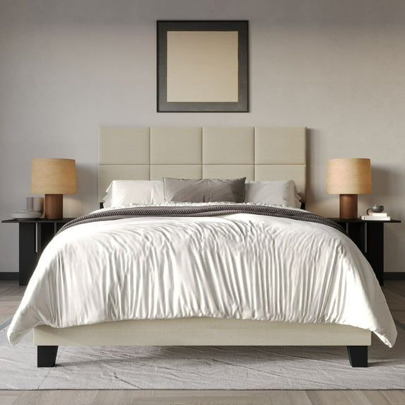Home Design Lufkin Full Upholstered Panel Bed Frame with Checkered Tufted Headboard & Foam-Filled Comfort, Beige, Easy Assembly