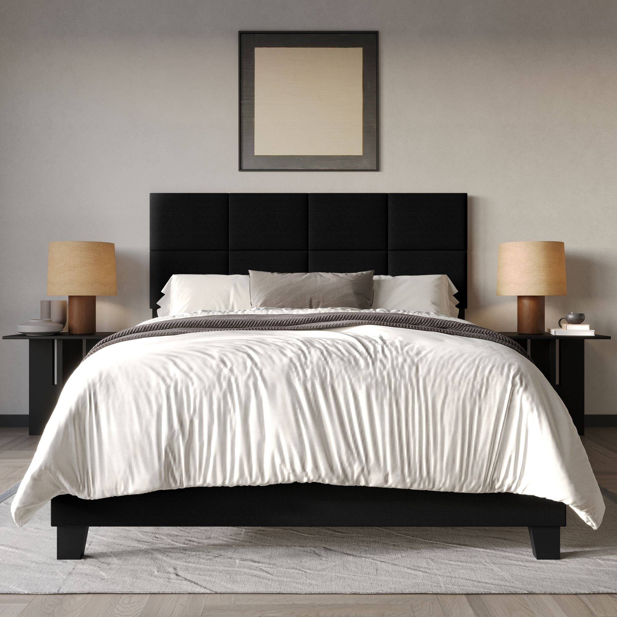 Home Design Lufkin Full Upholstered Panel Bed Frame with Checkered Tufted Headboard & Foam-Filled Comfort, Black, Easy Assembly