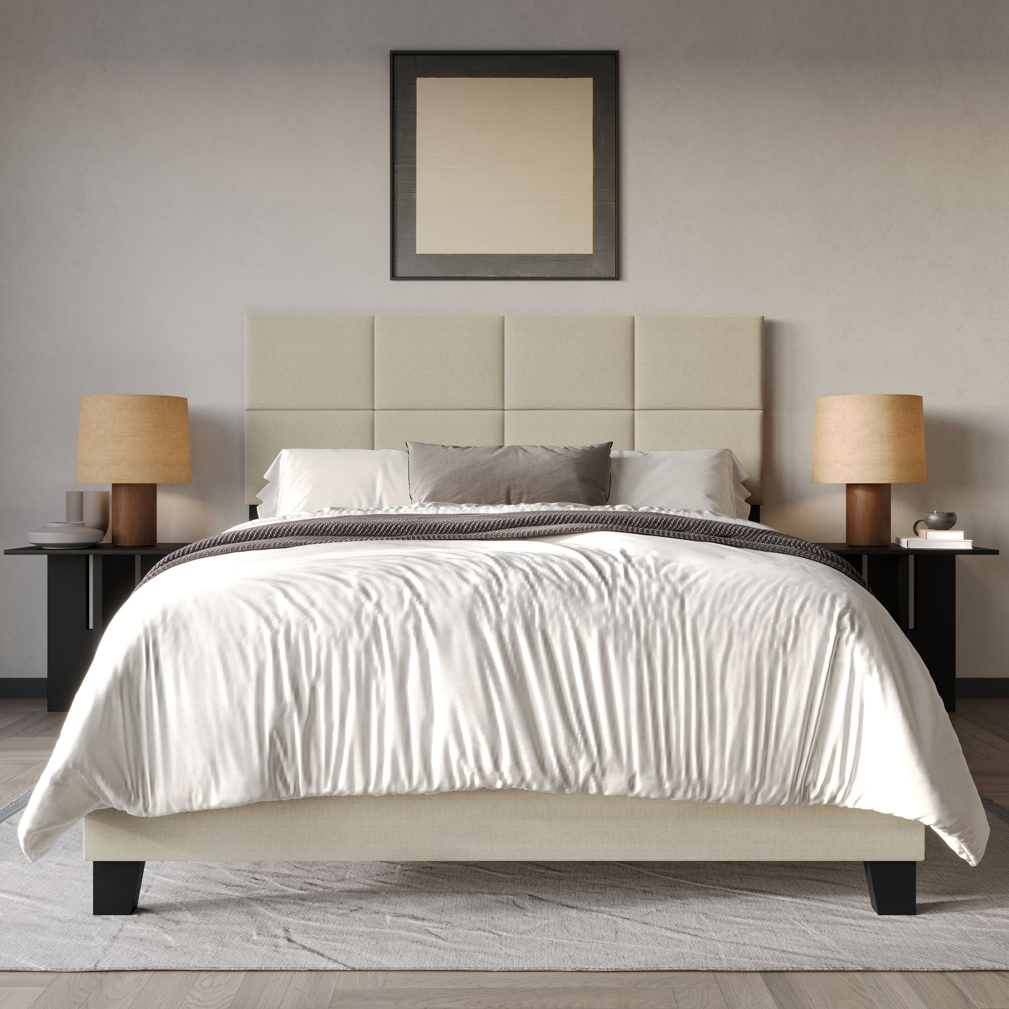 Home Design Lufkin King Upholstered Panel Bed Frame with Checkered Tufted Headboard & Foam-Filled Comfort, Beige, Easy Assembly