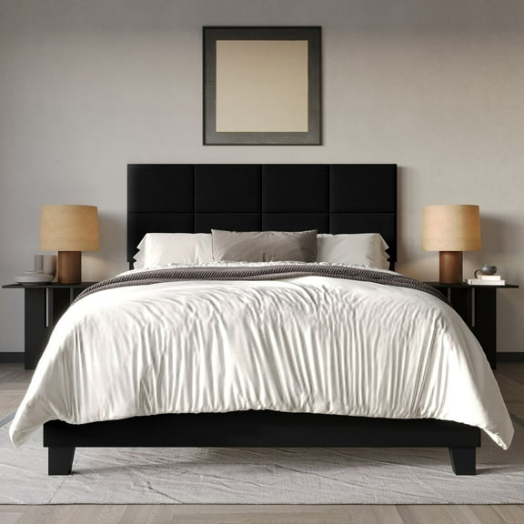 Home Design Lufkin King Upholstered Panel Bed Frame with Checkered Tufted Headboard & Foam-Filled Comfort, Black, Easy Assembly