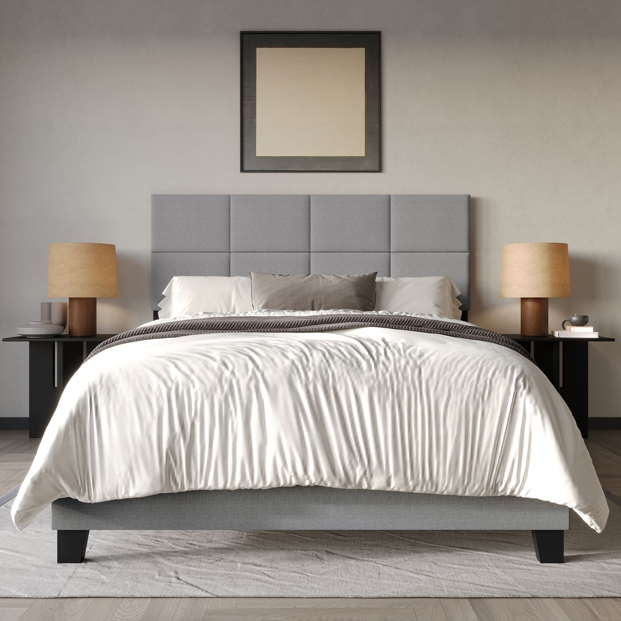 Home Design Lufkin Twin Upholstered Panel Bed Frame with Checkered Tufted Headboard & Foam-Filled Comfort, Gray, Easy Assembly