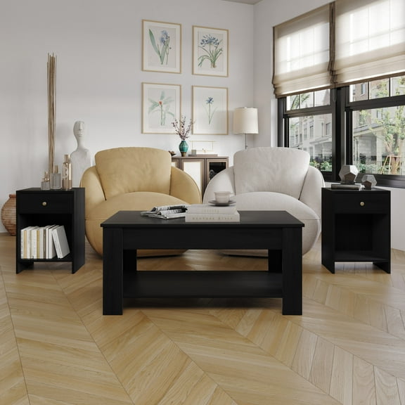 Home Design Magnolia 3-Piece Coffee Table Set with Lift-Up Rectangular Coffee Table and 2 End Tables, Hidden Storage and Modern Design for Living Room, Black