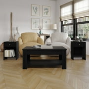Home Design Magnolia 3-Piece Coffee Table Set with Lift-Up Rectangular Coffee Table and 2 End Tables, Hidden Storage and Modern Design for Living Room, Black