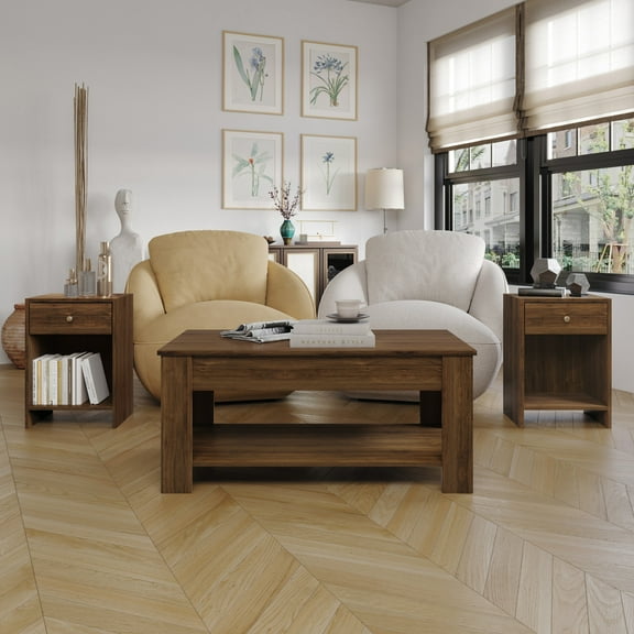 Home Design Magnolia 3-Piece Coffee Table Set with Lift-Top Coffee Table and 2 End Tables, Hidden Storage, Modern Living Room, Brown