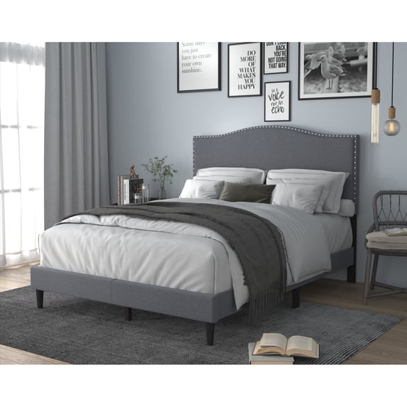 Home Design Manuel Queen Upholstered Platform Bed Frame with Nailhead ...