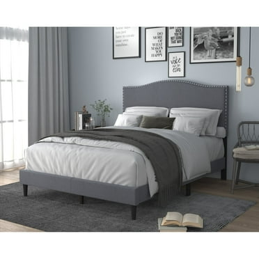 Home Design Manuel Twin Nailhead Trim Linen Upholstered Platform Bed, Gray
