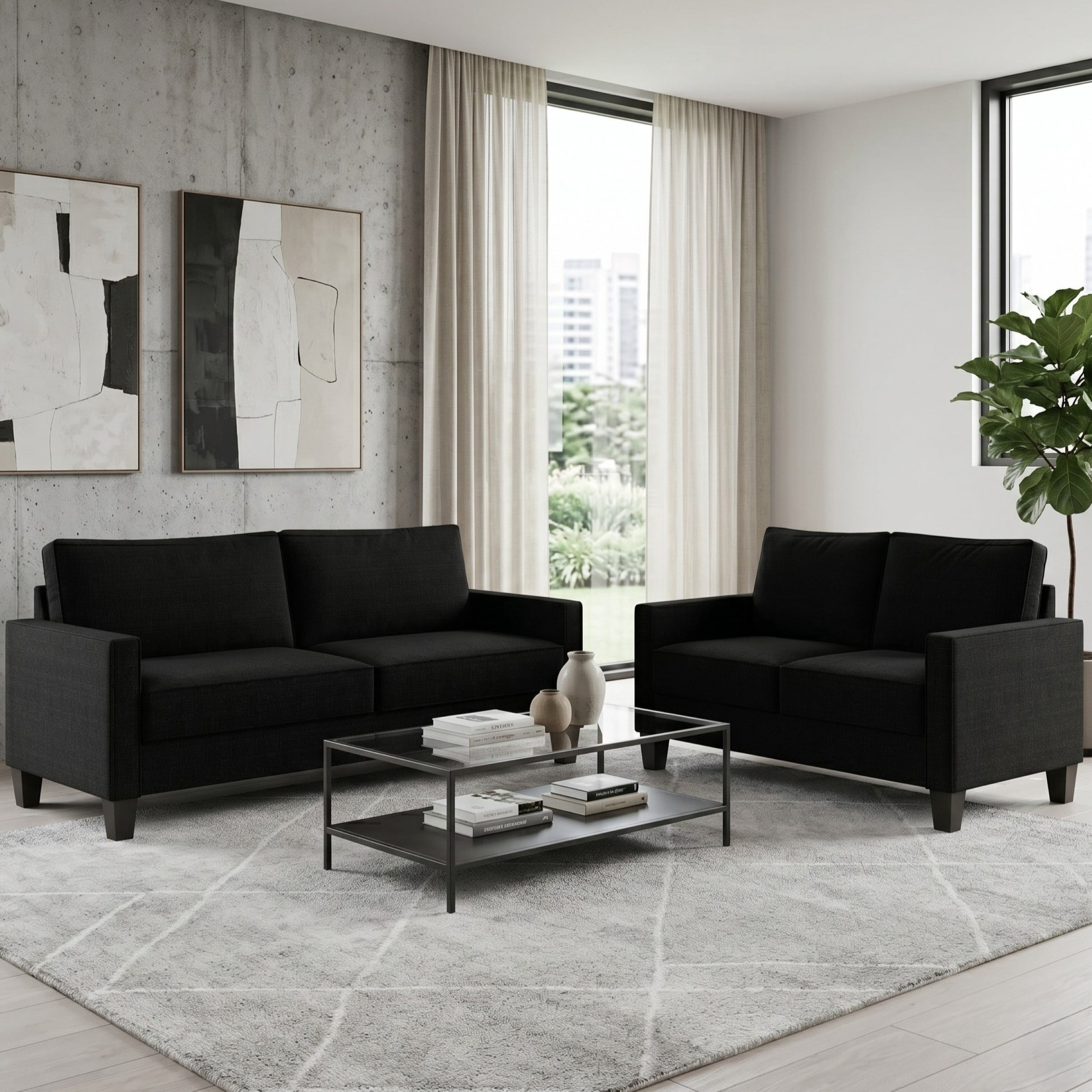 Home Design Marcia 2-Piece Square Arm Living Room Set with Loveseat and Sofa, Modern Upholstery and Black Legs, Black