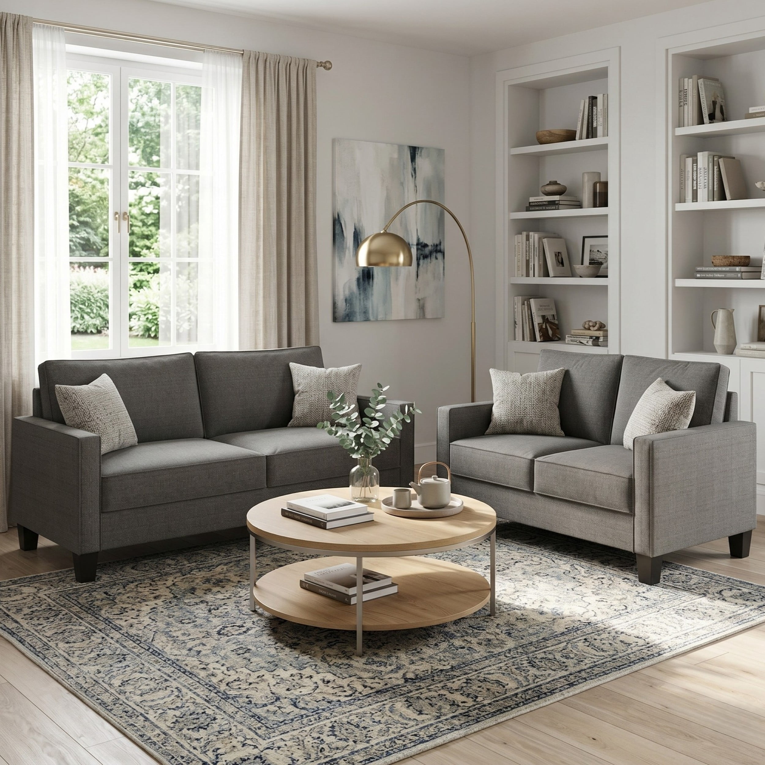 Home Design Marcia 2-Piece Square Arm Living Room Set with Loveseat and Sofa, Modern Upholstery and Black Legs, Gray