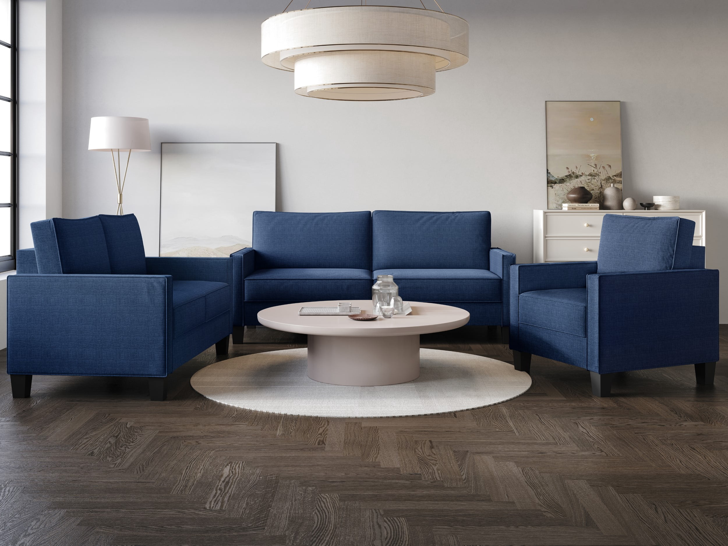 Home Design Marcia 3-Piece Square Arm Living Room Set with Armchair, Loveseat, and Sofa, Modern Upholstery and Black Legs, Blue