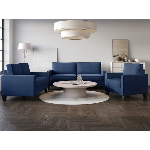 Home Design Marcia 3-Piece Square Arm Living Room Set with Armchair, Loveseat, and Sofa, Modern Upholstery and Black Legs, Blue