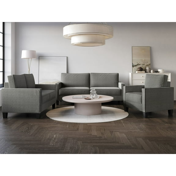 Home Design Marcia 3-Piece Square Arm Living Room Set with Armchair, Loveseat, and Sofa, Modern Upholstery and Black Legs, Gray