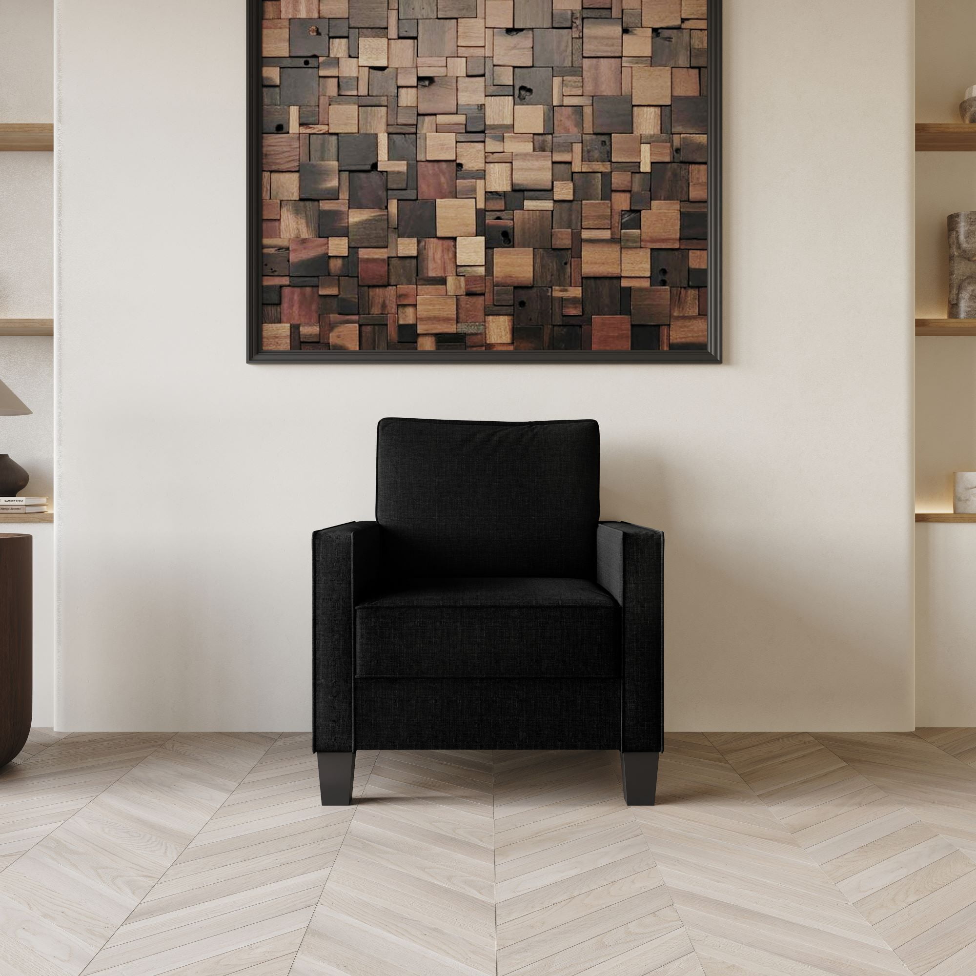 Home Design Marcia Square Arm Chair with Padded Back and Seat, Modern Upholstery, Black Legs, Comfortable Living Room Seating, Black