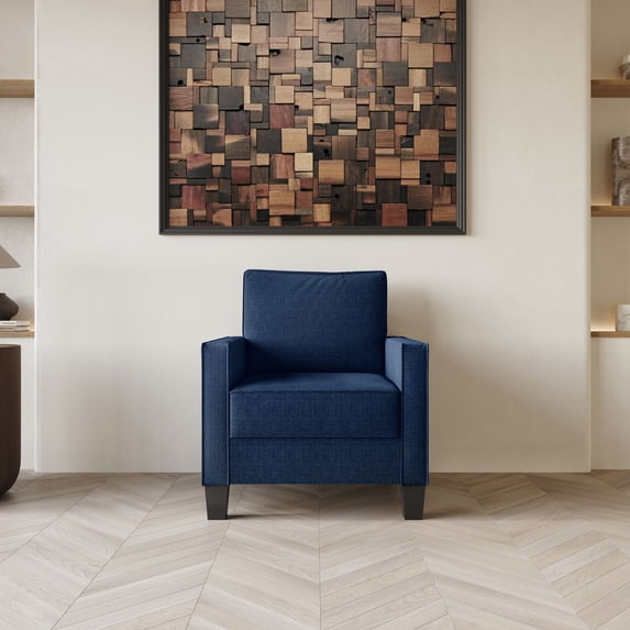 Home Design Marcia Upholstered Chair, Blue Fabric with Square Arms, Padded Seat and Back, Modern Living Room Seating
