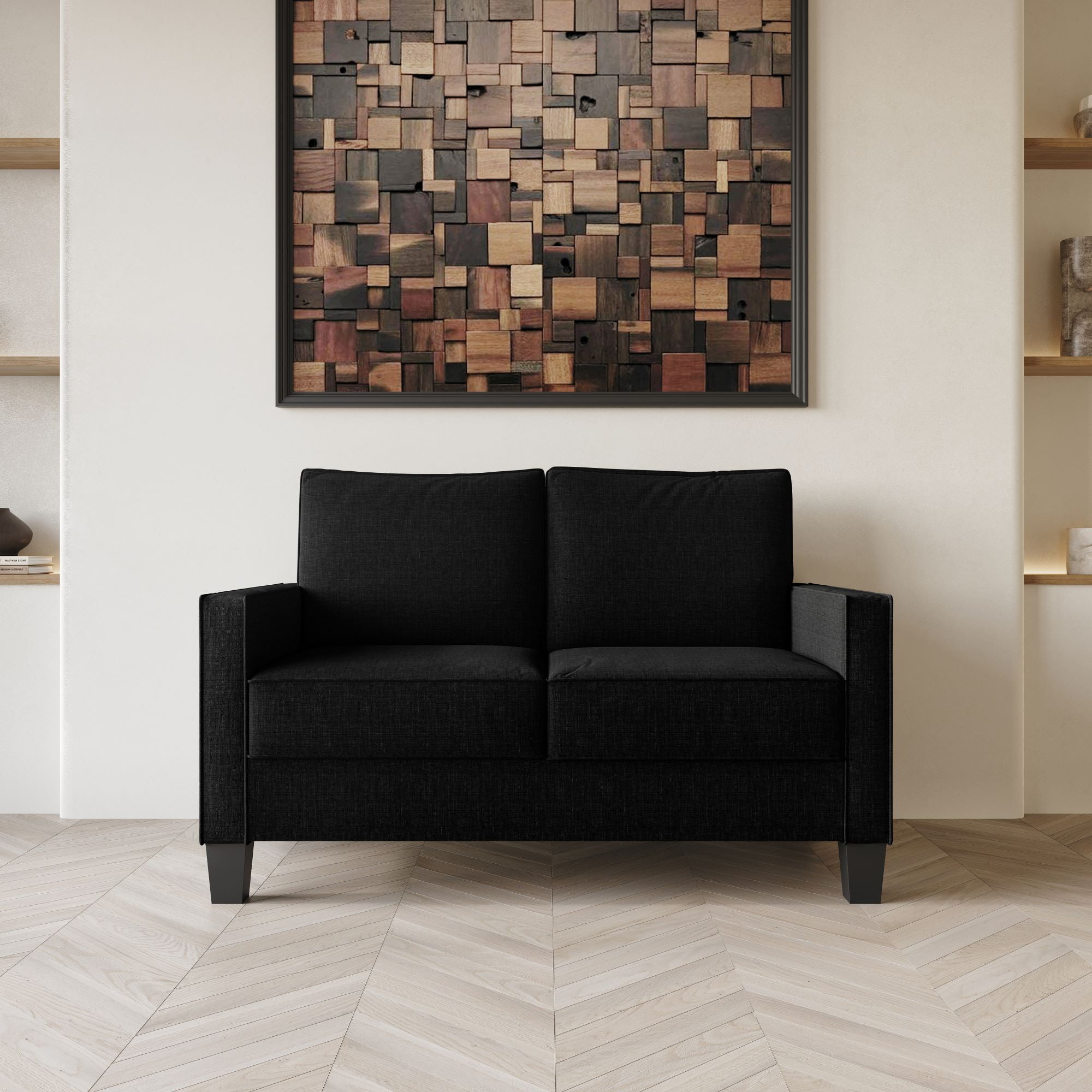 Home Design Marcia Square Arm Loveseat with Padded Back and Seat, Modern Upholstery, Black Legs, Comfortable Living Room Seating, Black