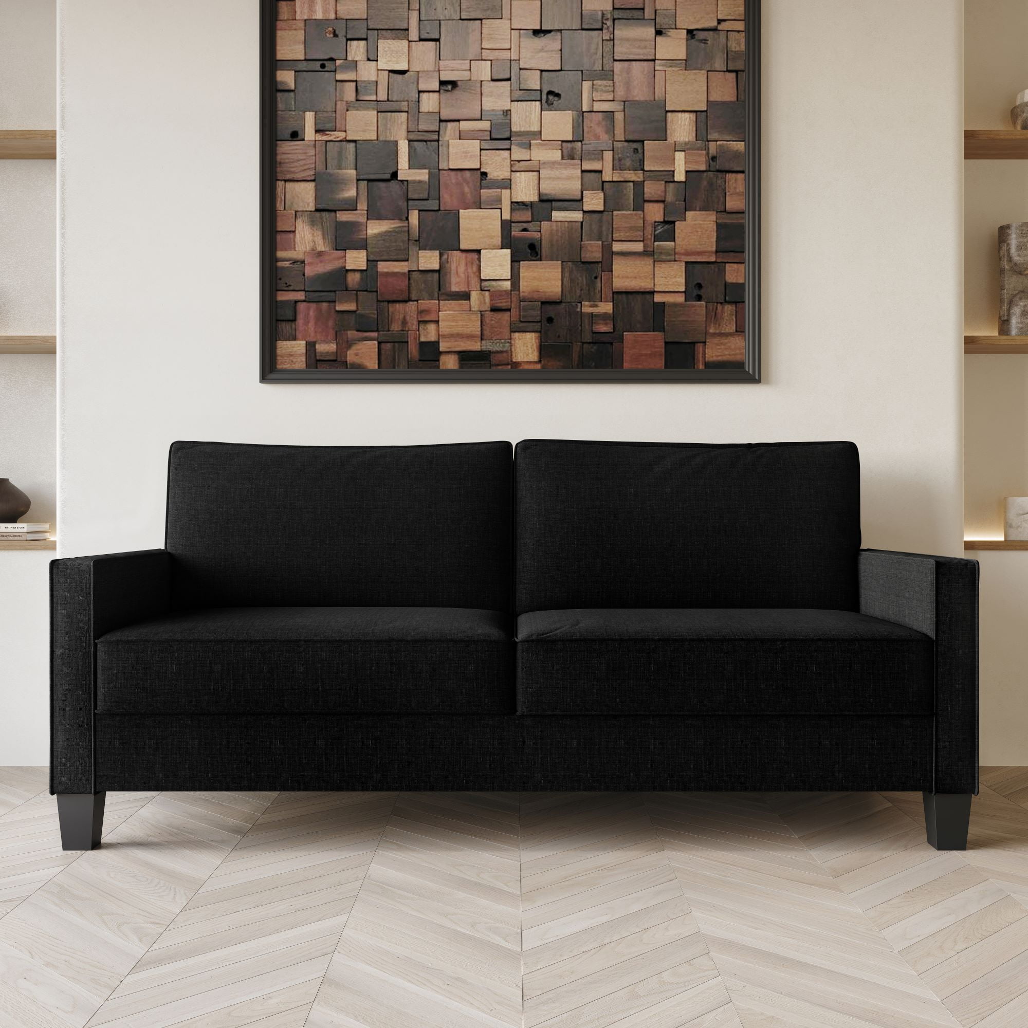 Home Design Marcia Square Arm Sofa with Padded Back and Seat, Modern Upholstery, Black Legs, Comfortable Living Room Seating, Black