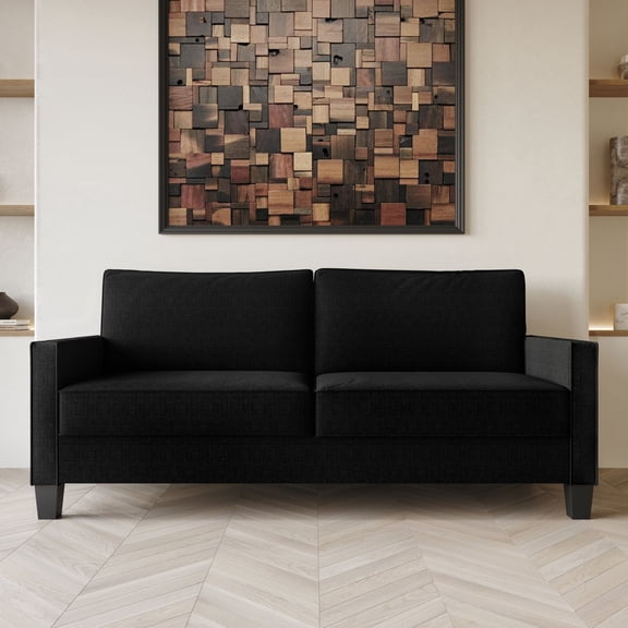 Home Design Marcia Square Arm Sofa with Padded Back and Seat, Modern Upholstery, Black Legs, Comfortable Living Room Seating, Black