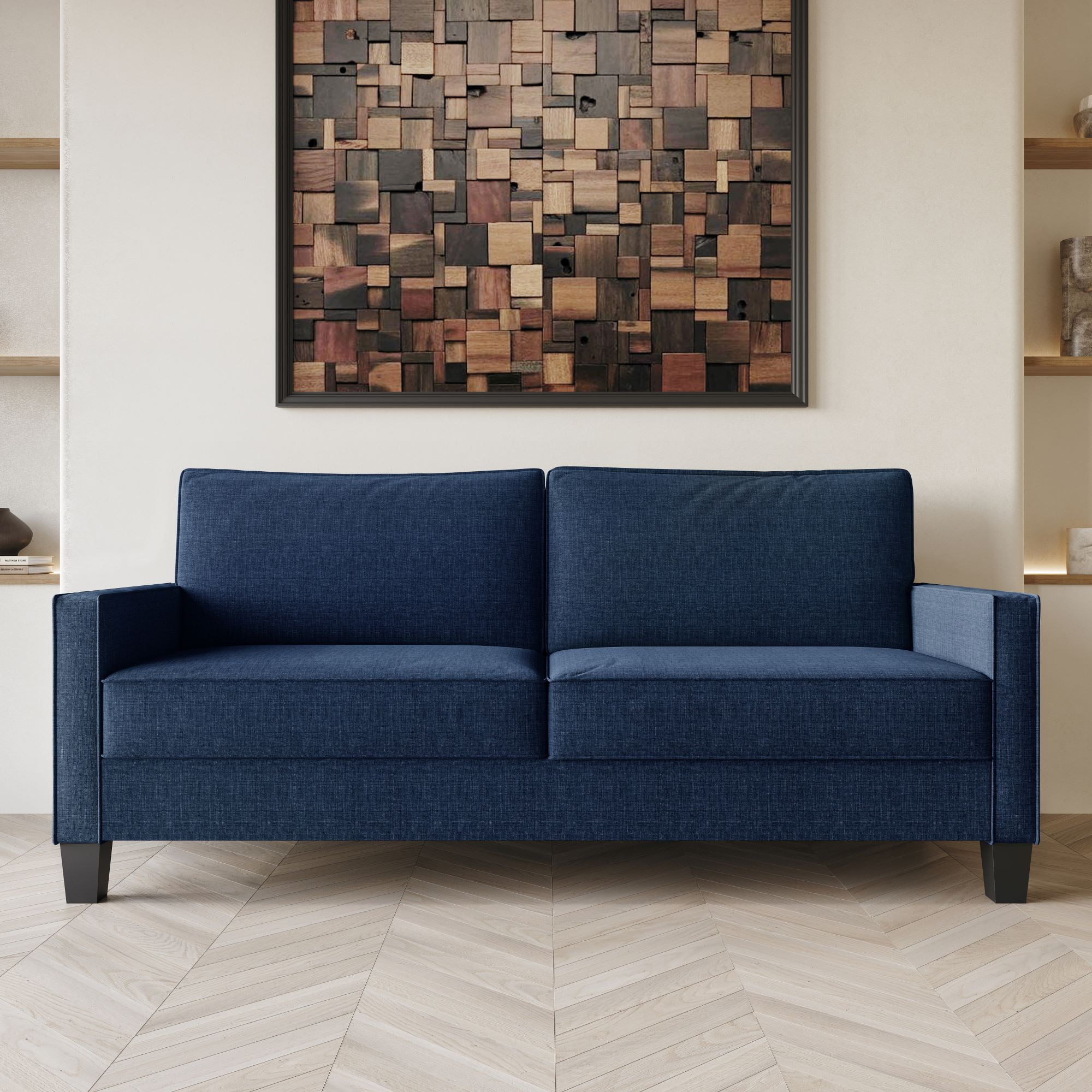 Home Design Marcia Square Arm Sofa with Padded Back and Seat, Modern Upholstery, Black Legs, Comfortable Living Room Seating, Blue