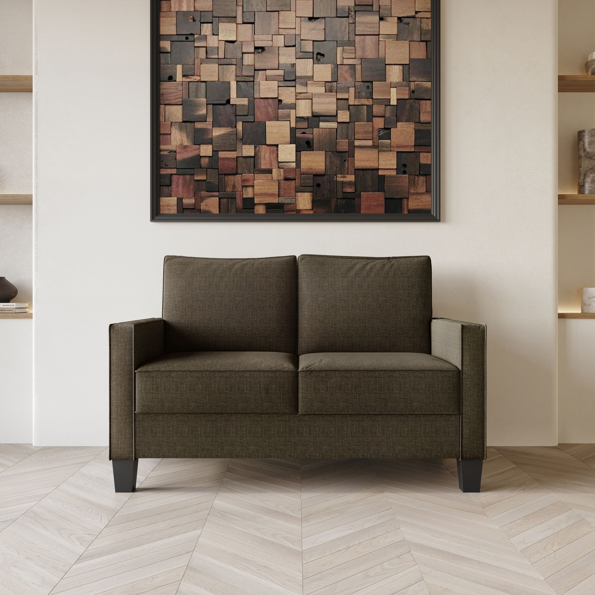 Home Design Marcia Square Arm Sofa with Padded Back and Seat, Modern Upholstery, Black Legs, Comfortable Living Room Seating, Brown