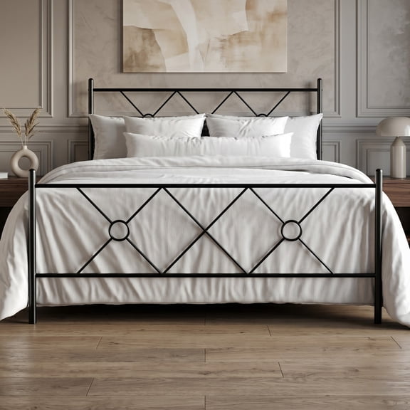 Home Design Marietta Twin Modern Metal Bed, Diamond Pattern Design, No Box Spring Needed, Black, Easy Assembly