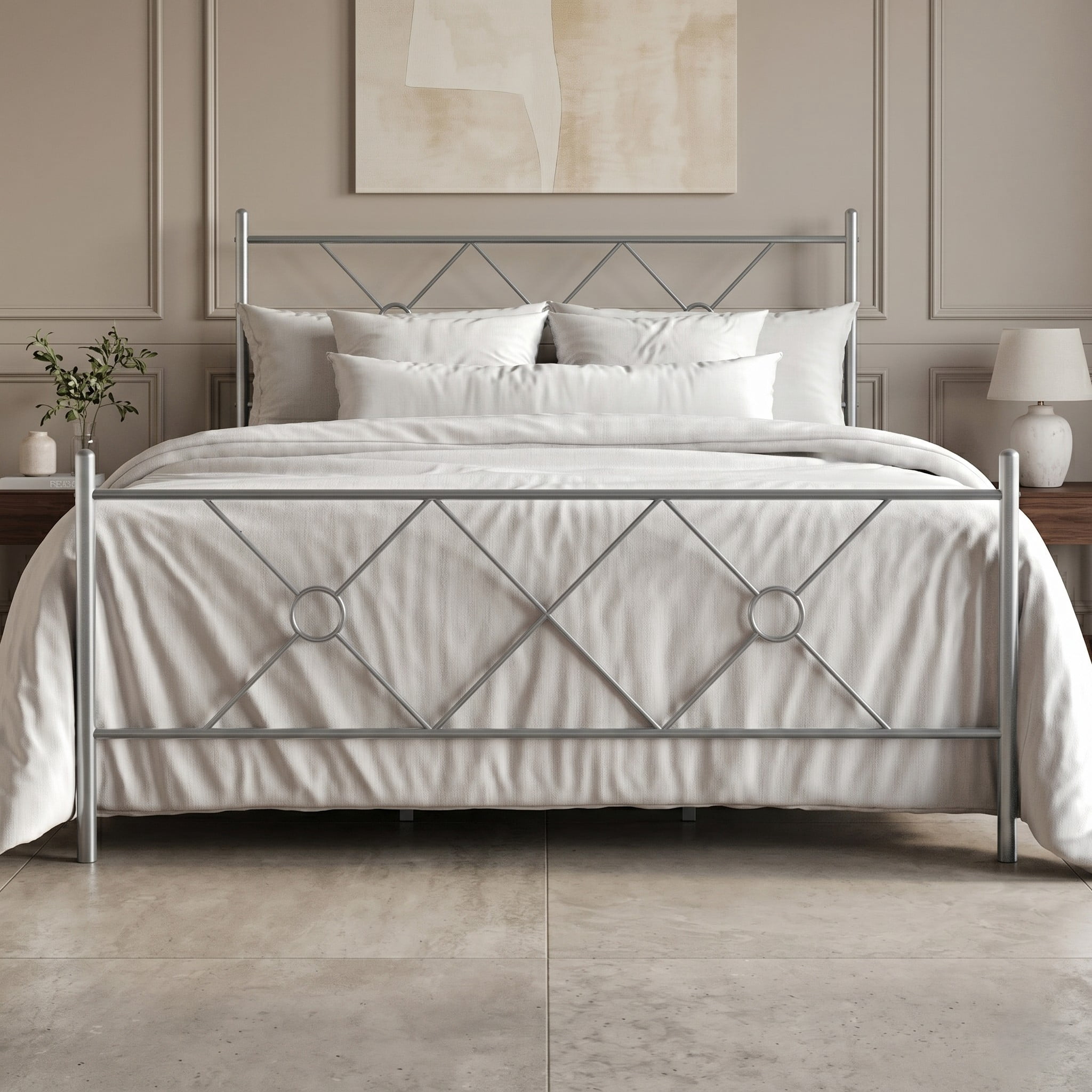 Home Design Marietta Twin Modern Metal Bed, Diamond Pattern Design, No Box Spring Needed, Sliver Gray, Easy Assembly