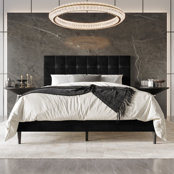 Home Design Marion Full Tufted Upholstered Platform Bed Frame with Tufted Headboard and Plush Padding, Black, Easy Assembly