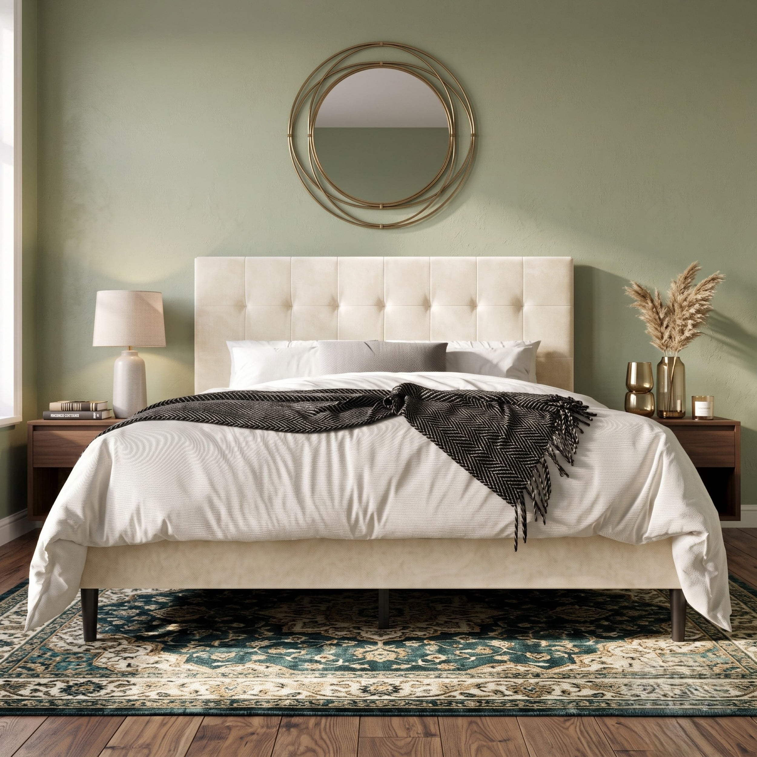 Home Design Marion King Tufted Upholstered Platform Bed Frame with Tufted Headboard and Plush Padding, Beige, Easy Assembly