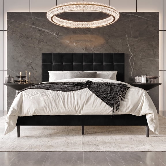 Home Design Marion King Tufted Upholstered Platform Bed Frame with Tufted Headboard and Plush Padding, Black, Easy Assembly