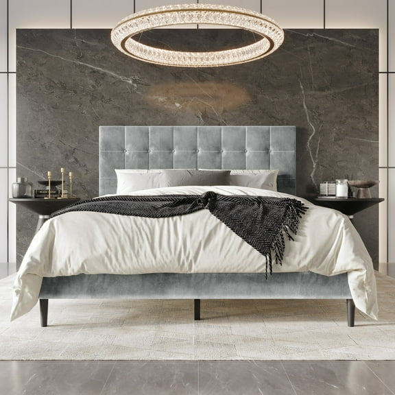 Home Design Marion King Tufted Upholstered Platform Bed Frame with Tufted Headboard and Plush Padding, Silver Gray, Easy Assembly