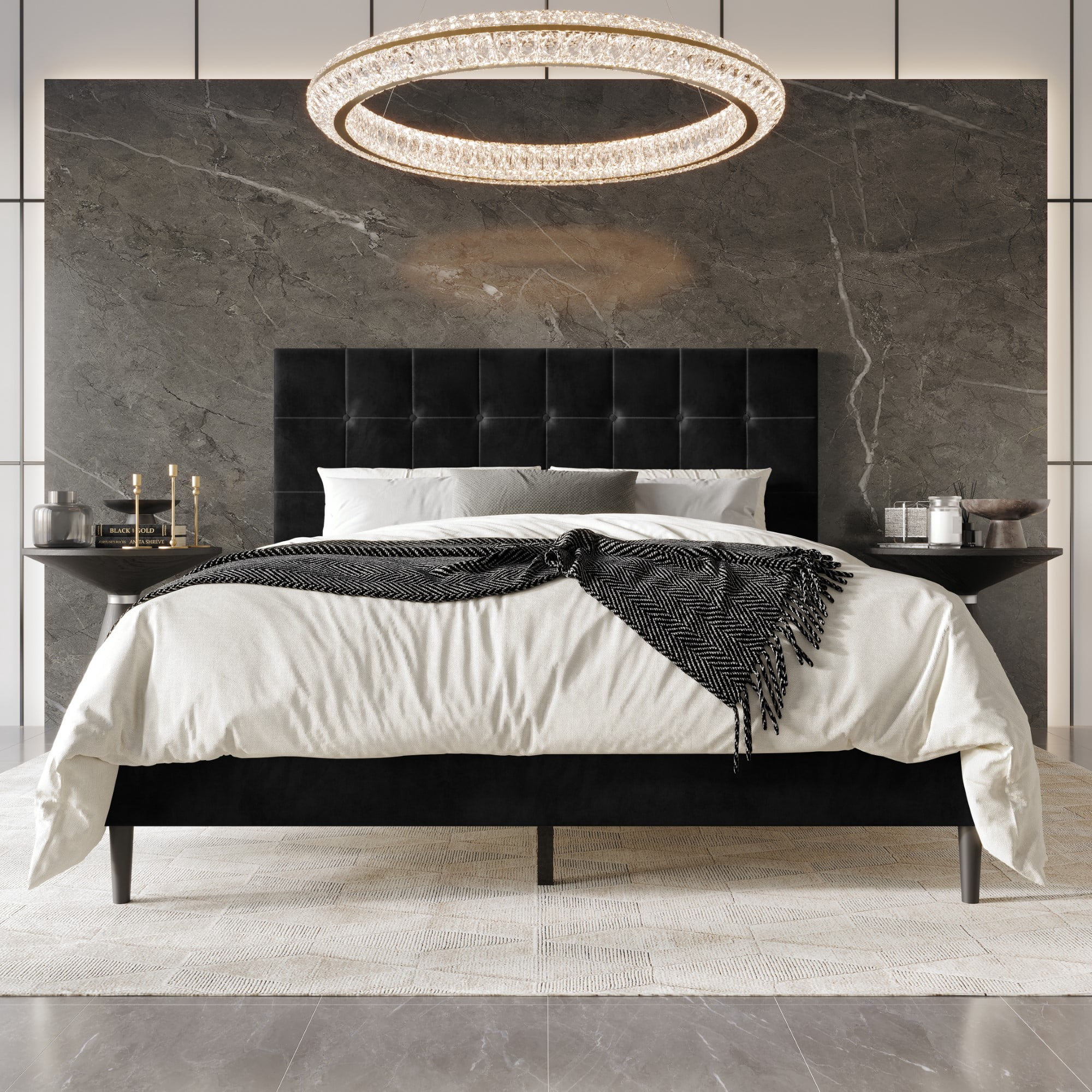 Home Design Marion Twin Tufted Upholstered Platform Bed Frame with Tufted Headboard and Plush Padding, Black, Easy Assembly